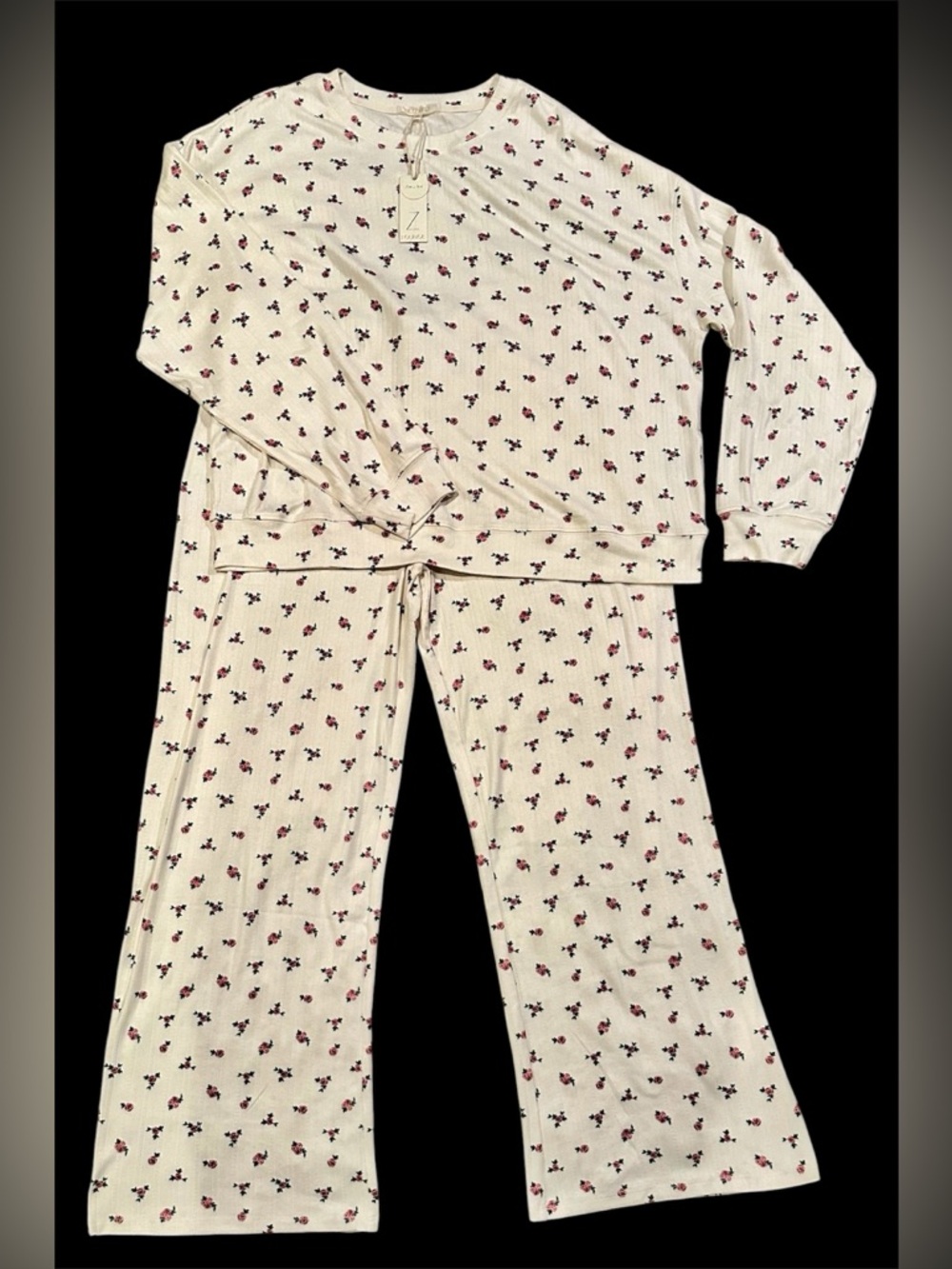 Z Supply Cream Long Sleeve Women’s Pajama Set with Pink Roses Print  Size Large